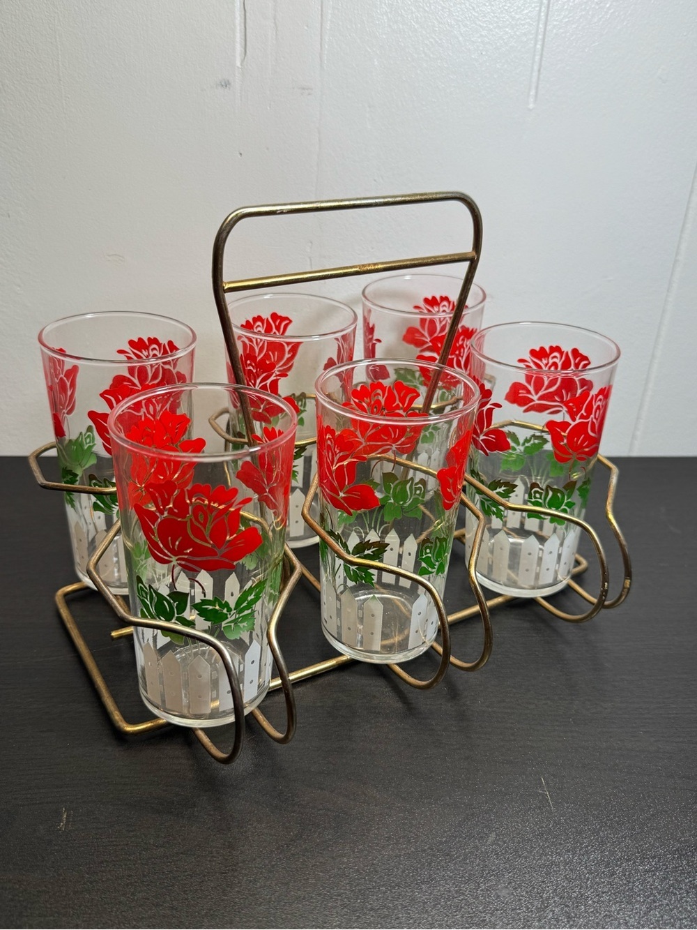 6 Vintage Hazel Atlas Red Rose & White Picket Fence Glasses W/ Holder